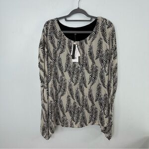Joan Vass Woman Falling Feather Kimono Sleeve Tunic Top; NWT Sz 1X Cream/Black